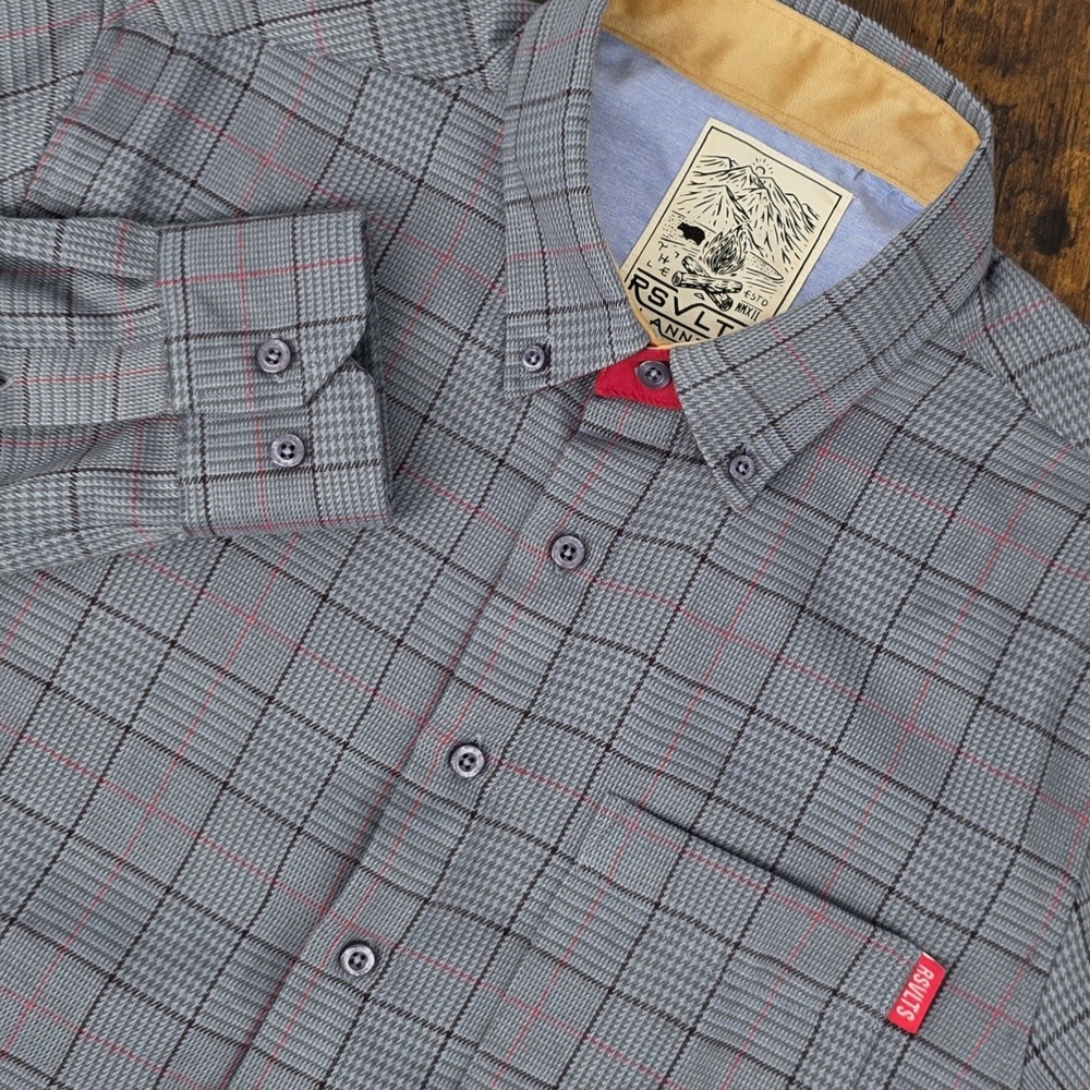 RSVLTS Flannel Long Sleeve Button Down Gray Red Plaid Shirt Hand Pockets Men's S
